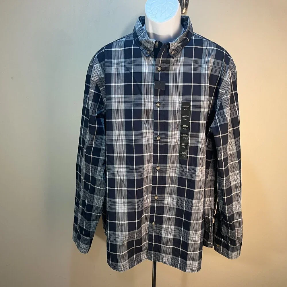 🔷 NWT Banana Republic Men’s 2XL XXL Blue White Plaid Slim Fit Untucked Shirt 👔